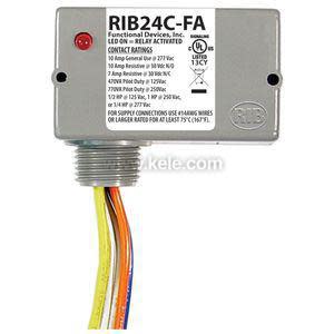 Small grey electrical relay box labeled “RIB24C‑FA” with status LED and multiple colored wires emerging from the bottom.