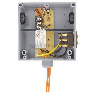 Square grey timer relay box containing a circuit board with three exposed brass connector blades and attached orange and yellow wires