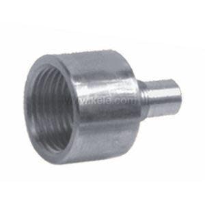 Stainless adapter with female thread and male stem.