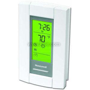Modern white thermostat with a bright green digital display and two small buttons below.