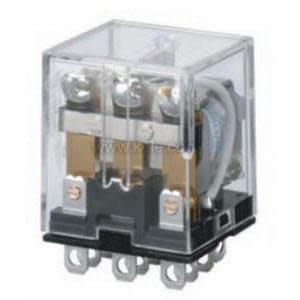 Transparent plastic relay with a copper coil, orange slider and metal pins