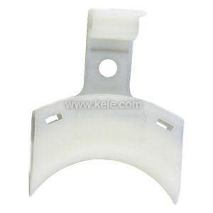 White curved plastic clamp with a hole for mounting and side slots, designed to secure tubes or sensors.