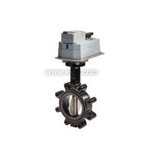 A black round valve with multiple bolt holes and a rotating disc, topped by a grey rectangular motorized actuator.