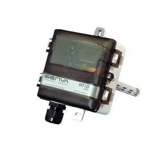 Rectangular sensor with translucent smoke-colored cover and white vented probe extending from bottom