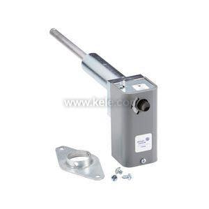 Grey rectangular actuator housing with cylindrical rod extending from top, accompanied by a metal mounting plate and screws