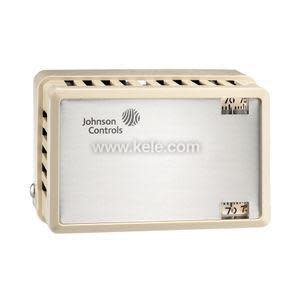 A beige rectangular thermostat device with slotted sides and a silver front panel with small temperature dials in the top right and bottom right corners.