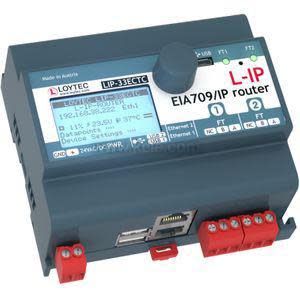 Rectangular blue network router with small display, rotary knob, ethernet port and red pluggable terminal connectors