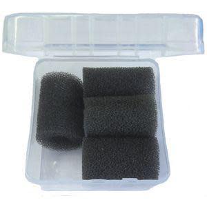 A translucent plastic case holds several dark gray foam sponge rolls neatly arranged.