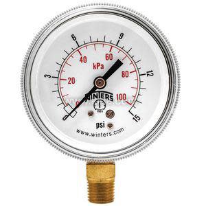 Small circular gauge with a brass threaded fitting at the bottom and a white dial showing pressure readings up to 15 psi and 100 kPa.