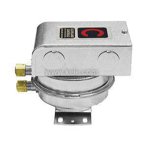 Metal airflow switch device with circular diaphragm, protruding barbed ports and grey rectangular lid