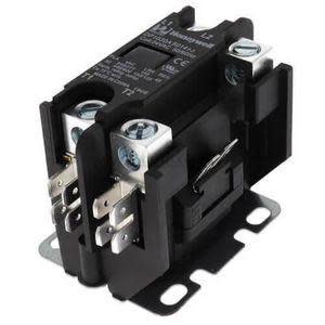 Photo of a black electrical contactor unit featuring two sets of screw terminals on top and metal mounting feet at the base.