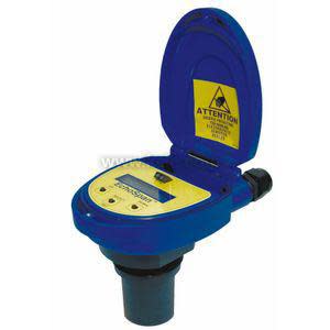 Blue box-shaped level transmitter with hinged lid revealing a yellow control panel