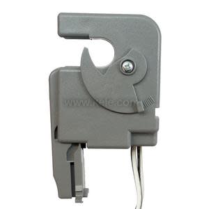 Grey clamp-on current sensor with hinge and white wires