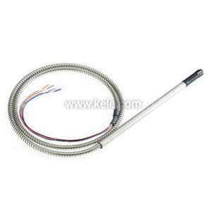 A long metallic probe connected to a coiled armored cable that ends in several colored wires.