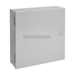 Square grey metal enclosure with hinged door and latch