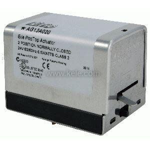 Square metallic valve actuator with a silver casing and black plastic base, featuring a small protruding lever on one side.