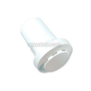 A white cylindrical electrical sensor with a flat round front and textured midsection, lying on its side on a white surface.