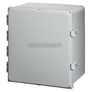 Large grey waterproof electrical box with solid door and several latches.