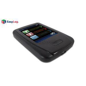 Handheld black device with a small color screen showing buttons and a graph.