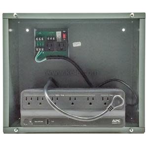 Gray metal cabinet housing an APC power strip with six outlets and a small circuit board above; cord exits the enclosure.