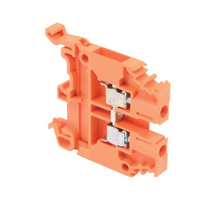 Bright orange DIN rail terminal block with two metal contact points and mounting hooks