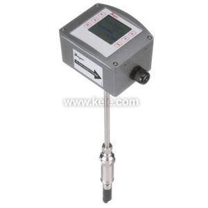 gray box‑shaped meter with a digital screen and arrow label attached to a long metal probe