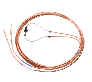 Long copper tubing coiled neatly with a small valve and sensor mounted in the middle and connectors on the ends.