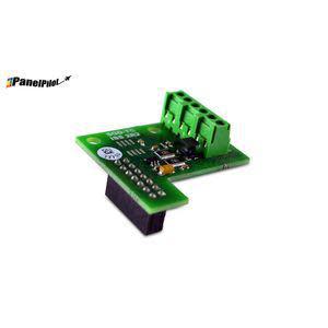 A tiny green circuit board with a row of green terminal blocks and components mounted on top.