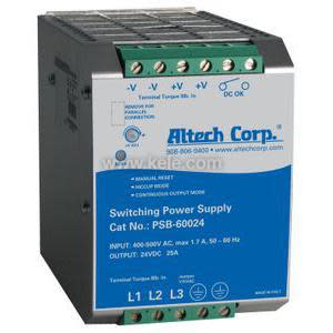 Robust industrial power supply with metal housing, multiple green terminal points labelled L1 L2 L3, and a blue front label