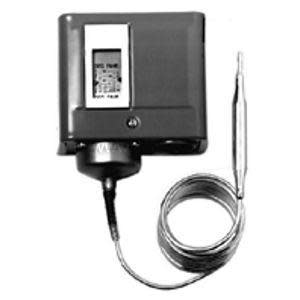 Square grey thermostat housing with small window showing scale, connected to a long thin capillary tube and metallic bulb sensor