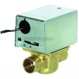 Brass valve body with a squarish metal box on top that houses the actuator, with a wire emerging from one side.