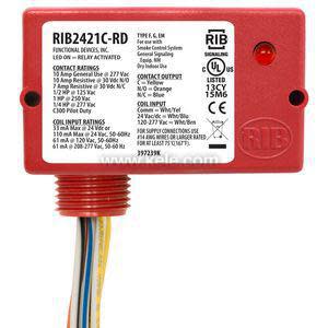 A rectangular red relay box marked RIB2421C-RD with printed specifications on the front, and a bundle of coloured wires extending from the bottom.