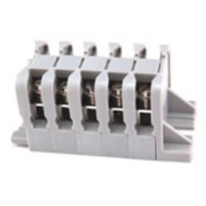 Small modular gray electrical terminal block featuring multiple connection slots and internal screw clamps
