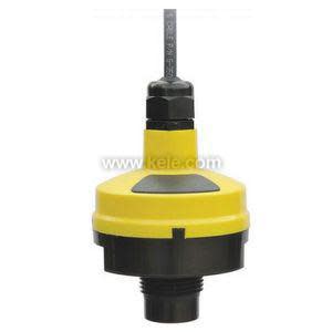 Cylindrical yellow and black level sensor with thread mount bottom and grey cable exiting from top