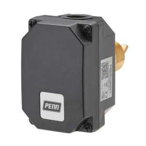 Rectangular black flow switch housing mounted on brass T-fitting