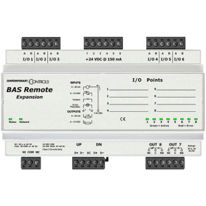 DIN-rail mount BAS Remote Expansion unit with numerous terminal blocks, labeled inputs and outputs, and a row of green lights