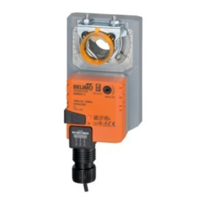 Compact actuator with grey body, orange control housing, circular clamp at top and black cable gland at bottom.