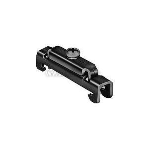 Small black plastic mounting clip with central screw used to secure devices on a DIN rail