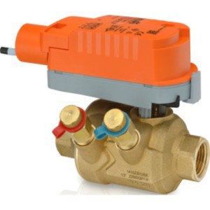 Brass control valve with orange actuator and red and blue test ports.