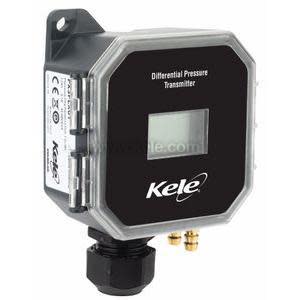 Black-front pressure transmitter labelled Differential Pressure with small rectangular LCD and protective clear hinged lid, plus two brass ports