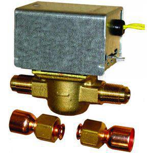 A small brass valve with a rectangular metal box on top, shown with two separate copper couplings for installation.
