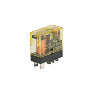Yellow transparent plug-in relay with copper coil.