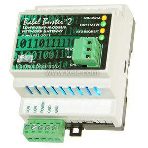 Small white control module with printed binary design, LED status lights and green terminal connectors