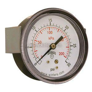 Angled view of a white-faced pressure gauge with a side mounting bracket, marked from 0 to 30 psi with red kPa numbers and a serrated rim.