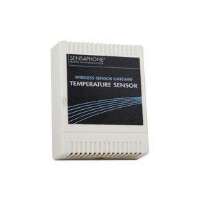 Compact white plastic housing with ventilation slots and front label indicating it is a wireless sensor gateway temperature sensor.