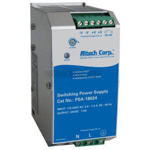 Rectangular metal power supply unit with blue front label, green terminal strip on top and bottom, and ventilation slots.