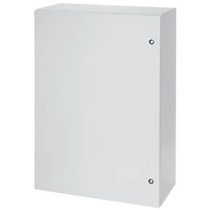 Rectangular grey metal box with a smooth front panel and four tiny holes