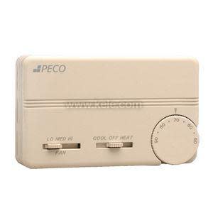 Beige thermostat with round dial.