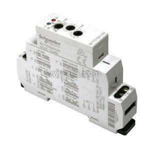 White DIN-rail timer module with three black adjustment dials on top, printed chart on side and LED indicator