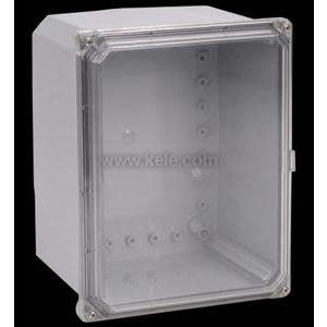 Deep rectangular grey box with a transparent door open to an empty cavity lined with screw mounts, photographed against a dark backdrop.